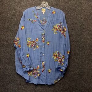 Fig and Flower Embroidered Blouse Womens L Blue Floral Boho Peasant ROX3643